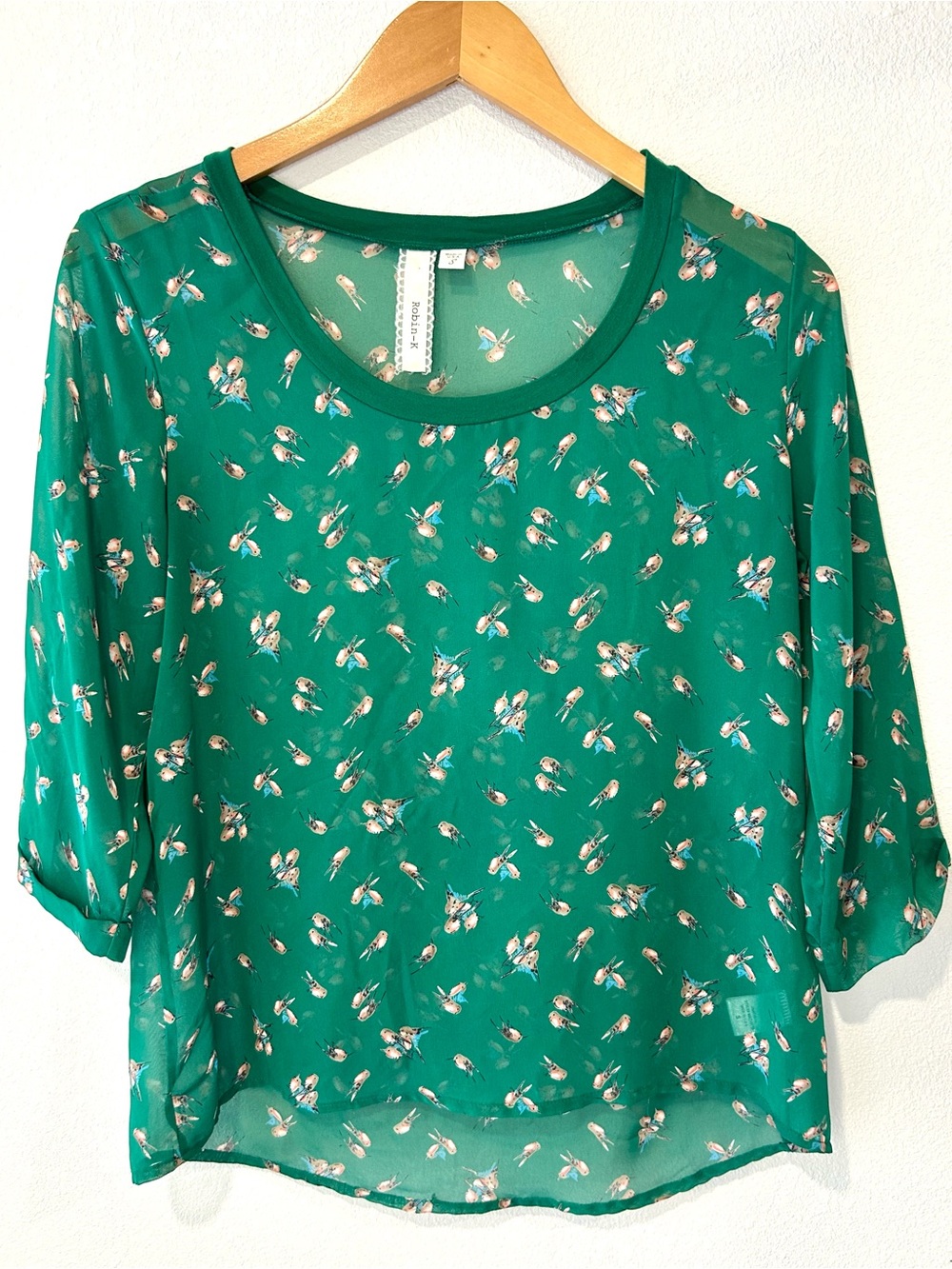 Robin K. Bird Print Sheer Overlay 3/4 Sleeve Top Whimsical Romantic Size S